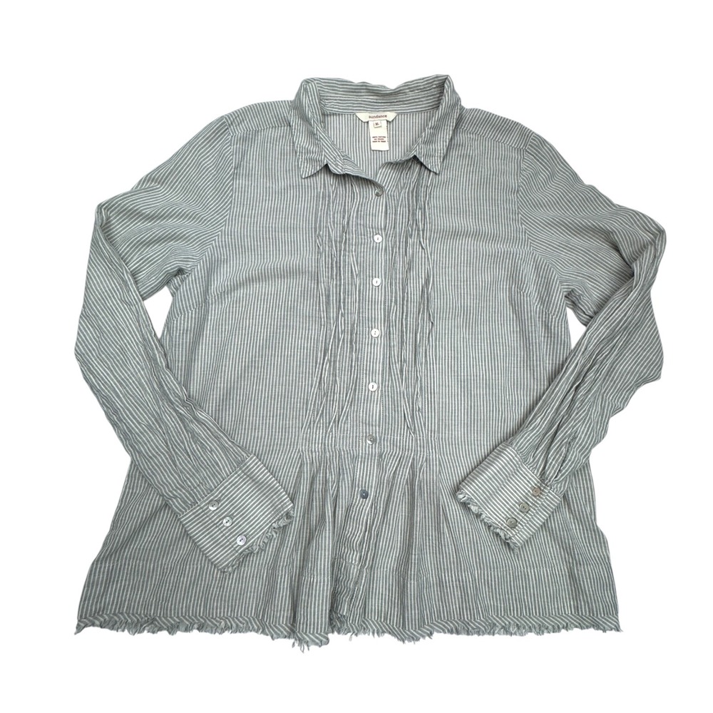 Sundance Button Front Shirt Womens XL Grey White Stripe Pintuck Frayed Hem